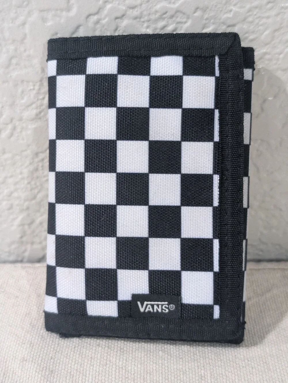 VANS Tri-Fold Wallet Black & White Checkerboard Black Border Nylon Skater Surfer